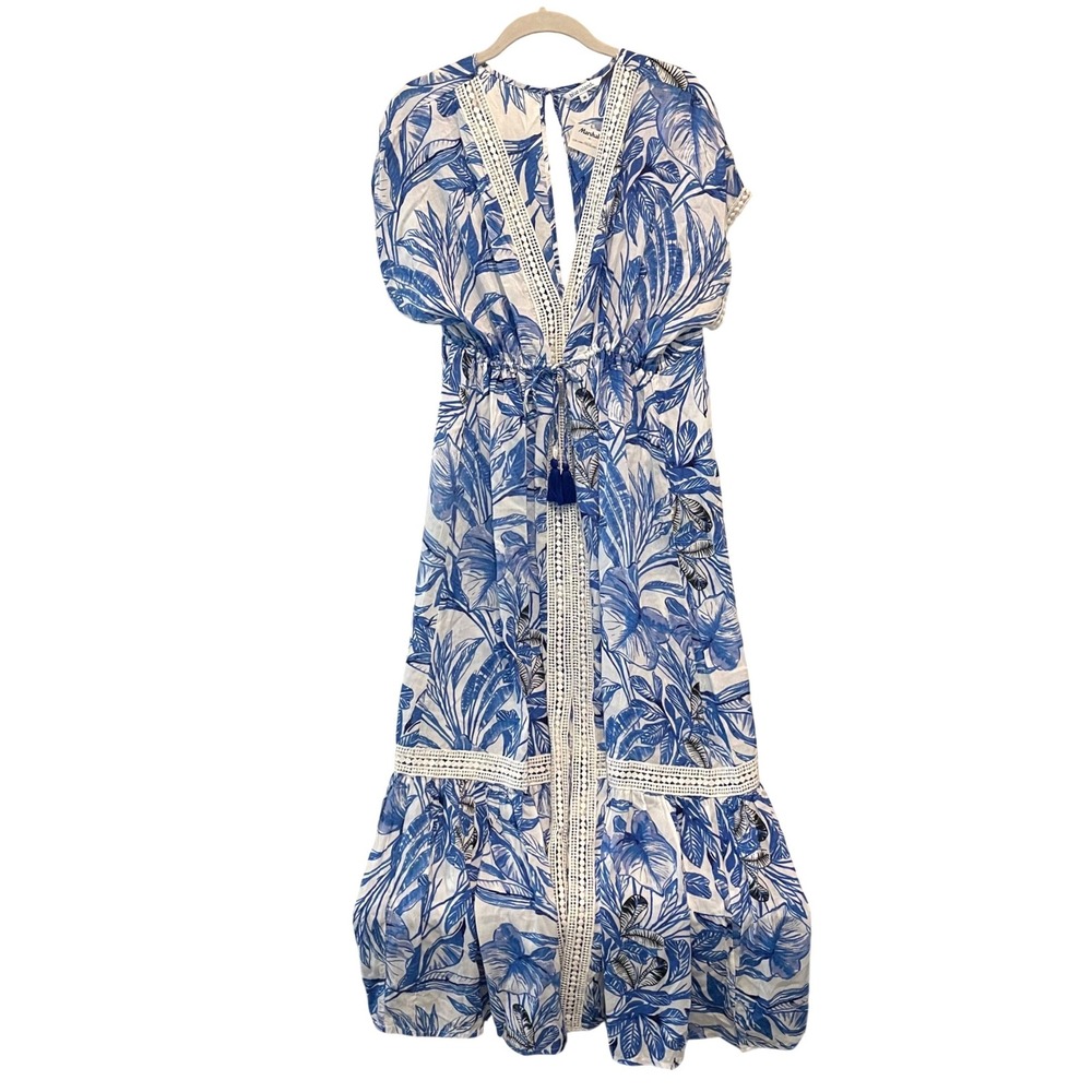 Blue Island Tropical Maxi Cover Up Wmns M Blue White Coastal Crochet Lace Trim - Picture 2 of 9